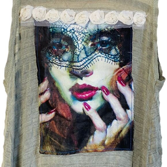 Bowie Vintage High Low Lace Rosettes Portrait Detail Tank Top Sz L - Picture 11 of 15